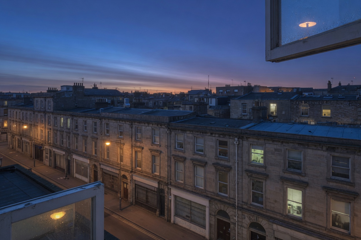 A low city of commercial buildings at dusk