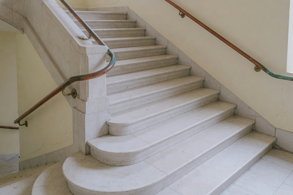A stone stair with a copper handrail